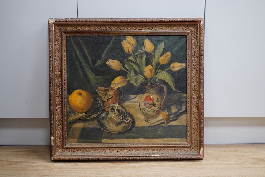 Early 20th century School, Still life of flowers, porcelain and fruit, unsigned, oil on canvas, 42 x 47cm